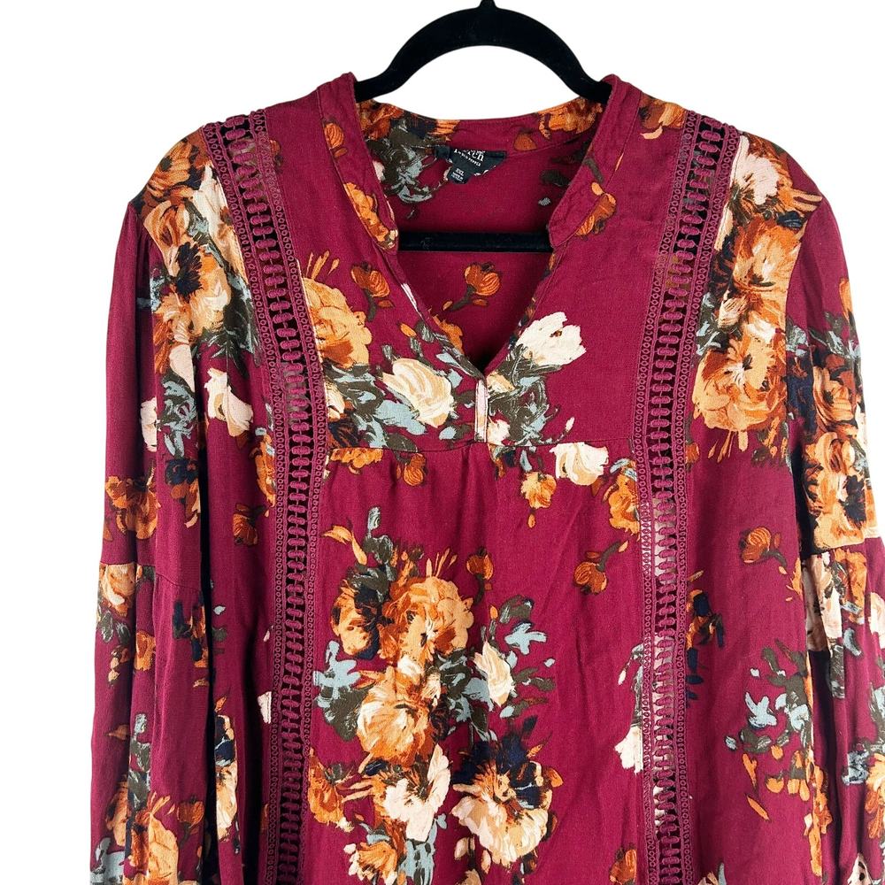Perch by Blue Pepper Burgundy‎ Floral Gauzy Blouse High-Low Hem Size 3X